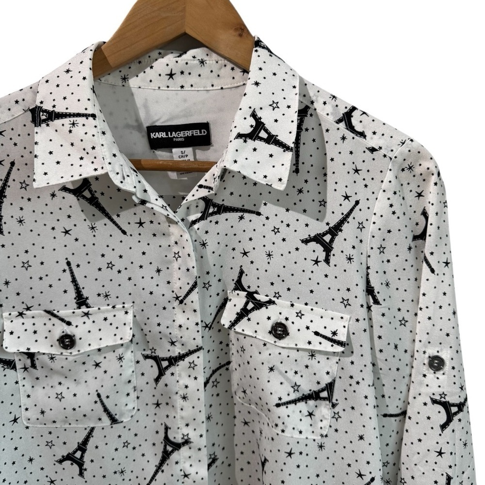 Karl Lagerfeld Eiffel Tower Blouse Sz S White Black Button Up Shirt Novelty EUC